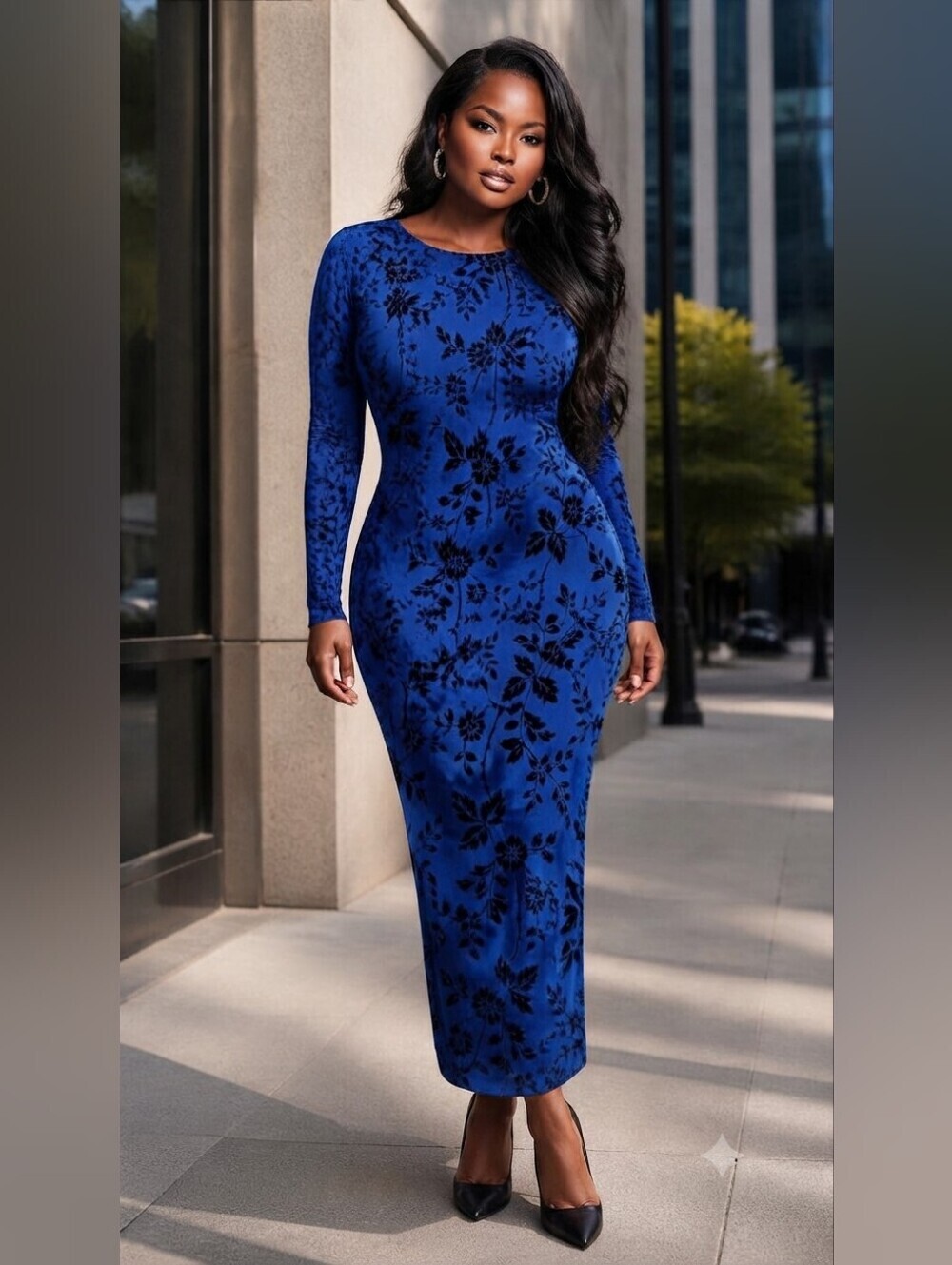 PRETTYGARDEN Royal Blue Floral Long Sleeve Maxi Dress Size M (EUC) - Picture 3 of 10